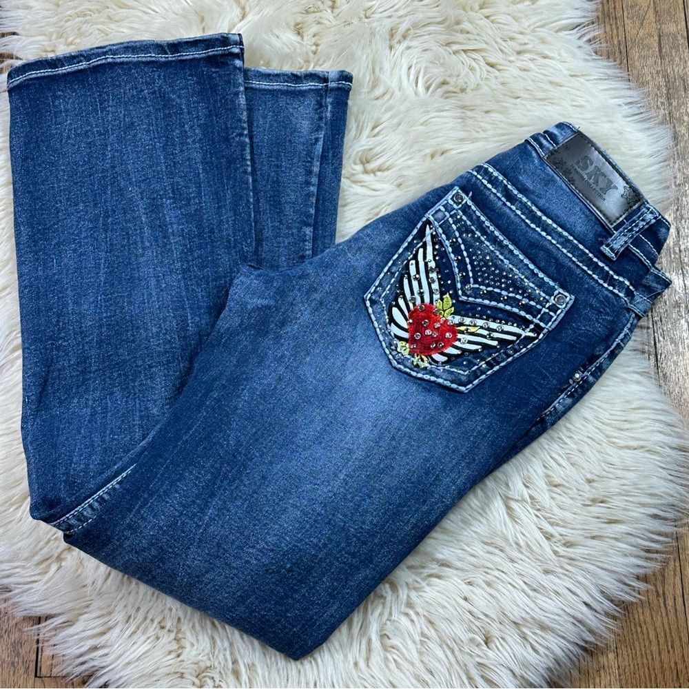 Sky Women's Blue Boot Cut Jeans with Embroidery
